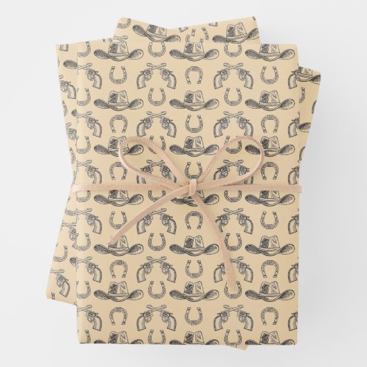 Western Hand Drawn Cowboy Hats Revolvers Pferd Geschenkpapier Set (Beispiel)