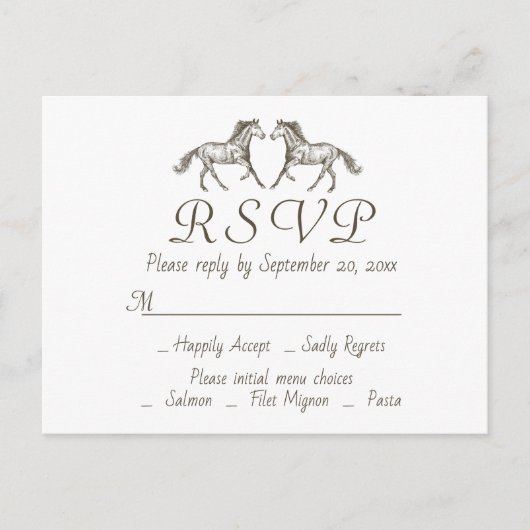 Western Hochzeit RSVP Pferde Rustikale Pferde Land Einladungspostkarte (Vorderseite)