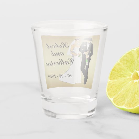 Western-Hochzeits-Cowboy-Bräutigam und Braut Schnapsglas (Rückseite)