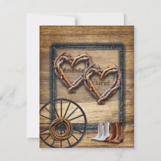 Western Hochzeitskleid, Stiefel Wagenrad Einladung (Vorderseite)