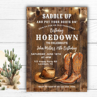 Western Hoedown Geburtstag mit Cowboy Stiefeln und Einladung