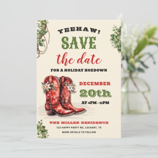 Western Holiday Hoedown, Christmas Country Cowboy Save The Date (Stehend Vorderseite)