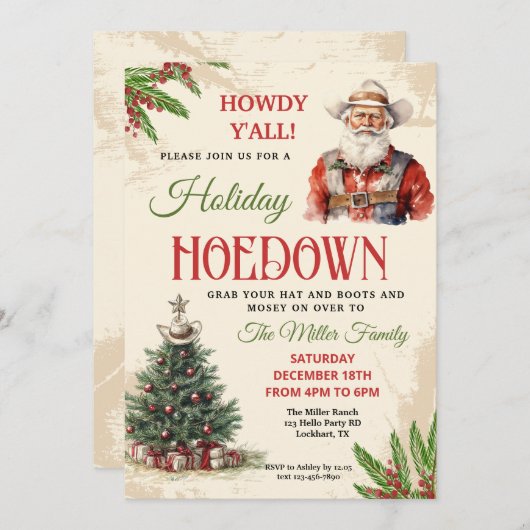 Western Holiday Hoedown Einladung, Cowboy Santa, W Einladung (Vorne/Hinten)