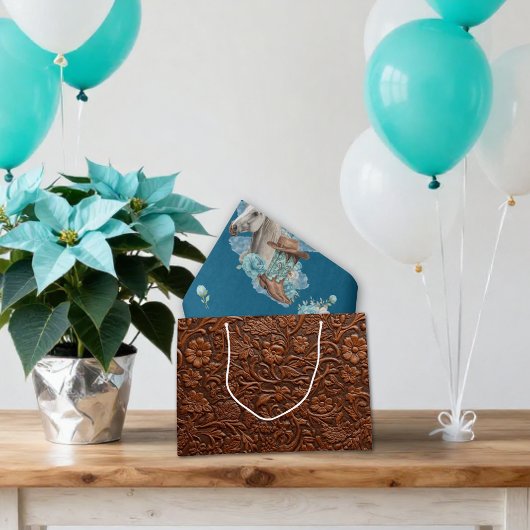 Western Horse Birthday Gift Bag – Tooled Leather Große Geschenktüte