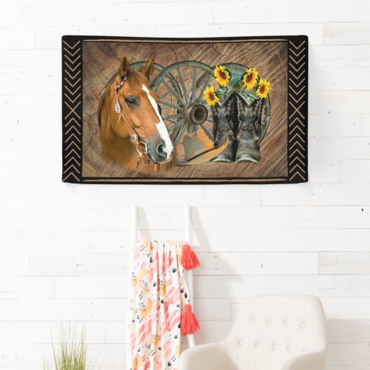 Western Horse Cowboy Boots Cowboy Hat Wagon Wheel Banner (Insitu)
