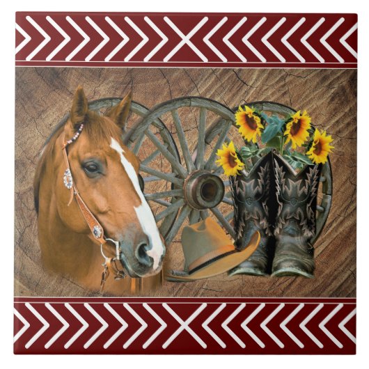 Western Horse Cowboy Boots Cowboy Hat Wagon Wheel Fliese (Vorderseite)