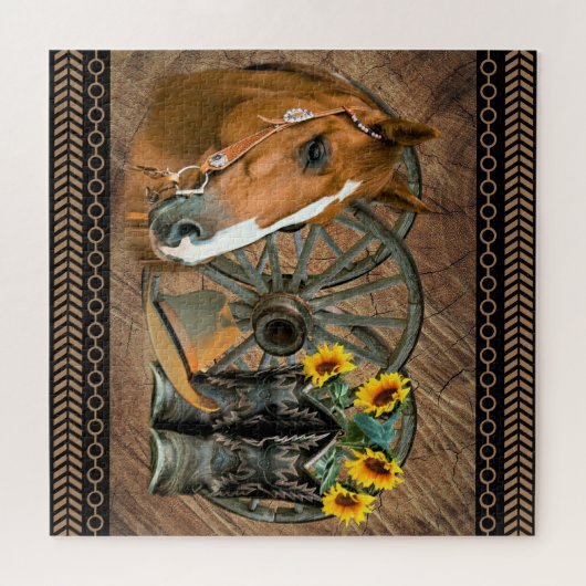 Western Horse Cowboy Boots Cowboy Hat Wagon Wheel Puzzle (Horizontal)