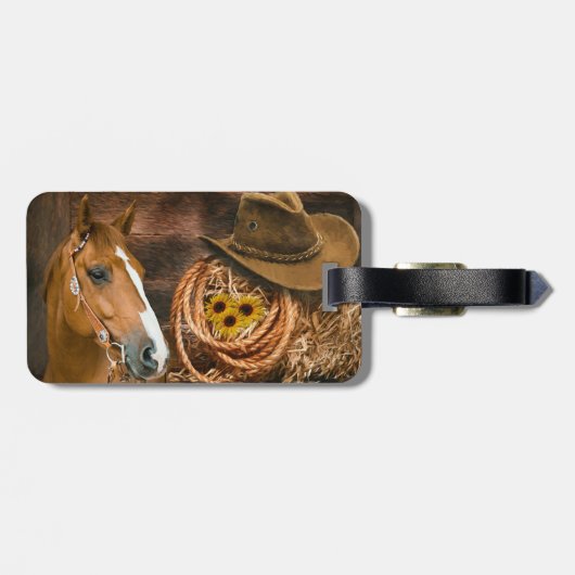 Western Horse Cowboy Hat Lasso Sonnenblumen Gepäckanhänger (Rückseite horizontal)