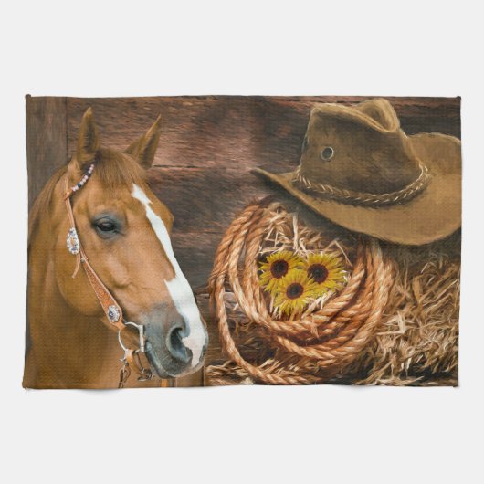 Western Horse Cowboy Hat Lasso Sonnenblumen Geschirrtuch (Horizontal)