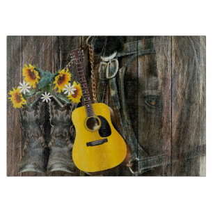 Western Horse Cowboy Stiefel Gitarre Sonnenblumen Schneidebrett