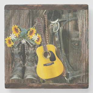 Western Horse Cowboy Stiefel Gitarre Sonnenblumen Steinuntersetzer