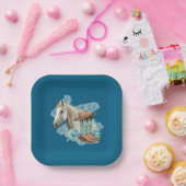 Western Horse Floral Equestrian- Navy Paper Plates Pappteller (Party)