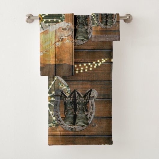 Western Horse Hufeisen Wagon Wheel Cowboy Boots Badhandtuch Set (Insitu)