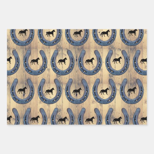 Western Horse Ranch Horseshoe & Barn Wood Planks Geschenkpapier Set (Vorderseite 3)