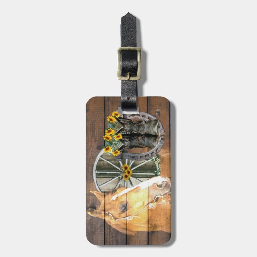 Western Horse Wagon Wheel Horseshoe Cowboy Boots Gepäckanhänger (Vorderseite vertikal)