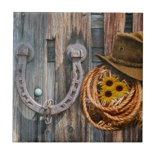 Western Horseshoe Cowboy Hat Lasso Fliese (Vorderseite)