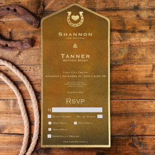 Western Horseshoe & Heart Brown & Gold Dinner All In One Einladung