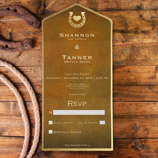 Western Horseshoe & Heart Brown & Gold No Dinner All In One Einladung