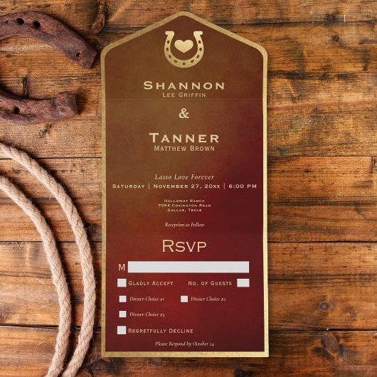 Western Horseshoe & Heart Burgundy & Gold Dinner All In One Einladung