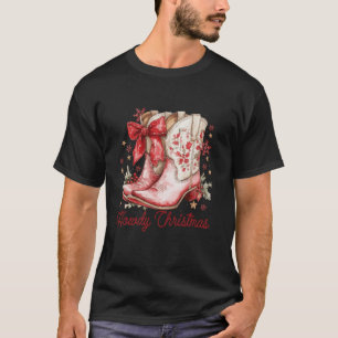 Western Howdy Christmas Cowgirl Boot Coquette Bow T-Shirt