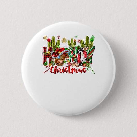 Western Howdy Weihnachtskuh Cowboy-Hut und Kaktus Button (Vorderseite)