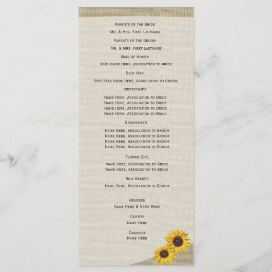 Western-Hufeisen und Sonnenblumen-Hochzeitsprogram Programm (Rückseite)