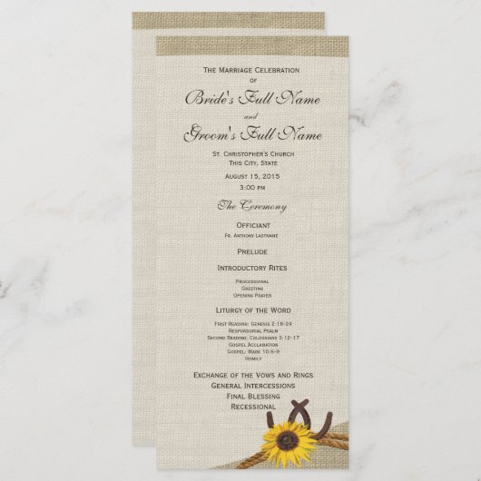 Western-Hufeisen und Sonnenblumen-Hochzeitsprogram Programm (Vorne/Hinten)