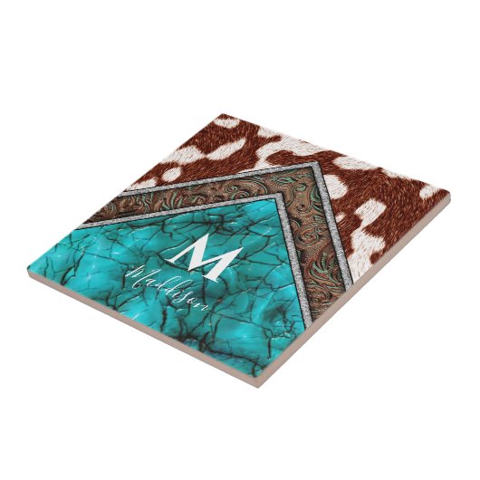 Western Imitate Leather Türkise Mix Monogram Fliese (Seite)