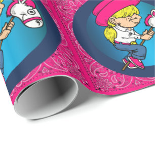 Western Kleines Cartoon Cowgirl auf Stick Pferd Geschenkpapier