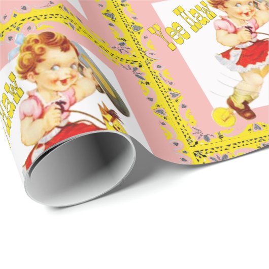 Western Kleines Cowgirl auf Stick Horse Yew Haw Geschenkpapier (Rolleneckpunkt)