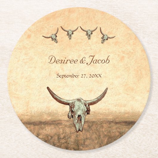 Western Land Rustikale Hochzeitkuh Bull Skull Runder Pappuntersetzer (Vorderseite)
