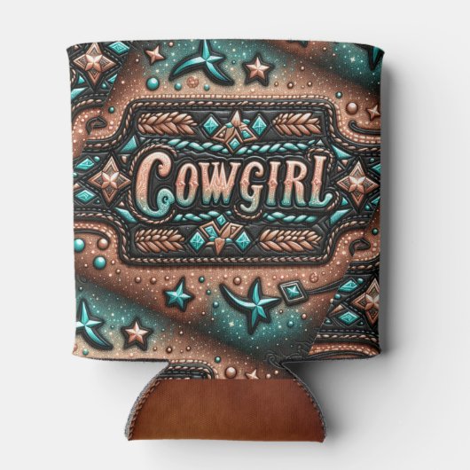 Western Leather Print Türkis Brown Cowgirl Dosenkühler (Rückseite)