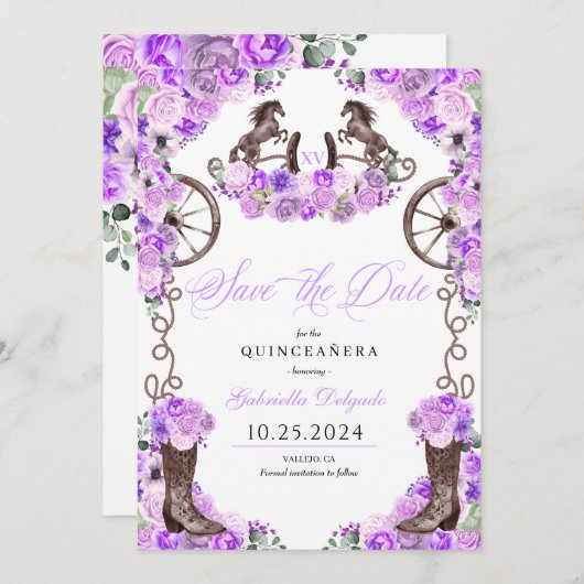 Western Lilac Charro Save the Date Quinceañera Einladung (Vorne/Hinten)