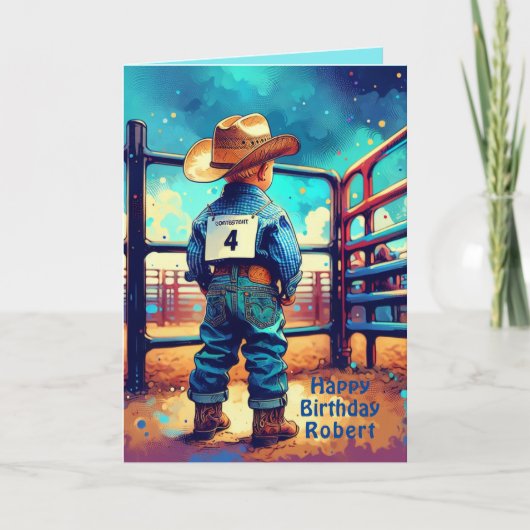 Western Little Cowboy 4. Geburtstag Rodeo Custom Karte (Vorderseite)