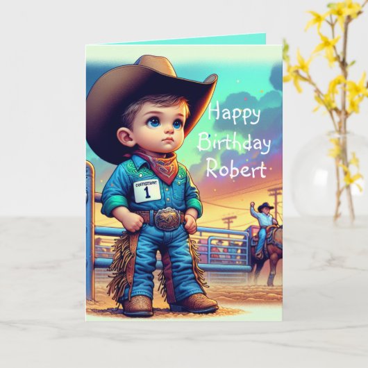 Western Little Cowboy Erstgeburt Rodeo Custom Karte (Gelbe Blume)