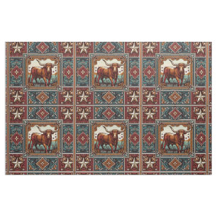 Western Longhorn Steer Türkis Brown und Tan Stoff