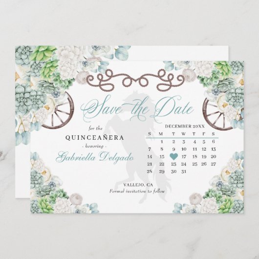 Western Mint Green Cacti Quinceañera Save the Date Einladung (Vorne/Hinten)