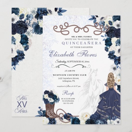 Western Navy Blue Princess Charra Quinceañera Einladung (Vorne/Hinten)