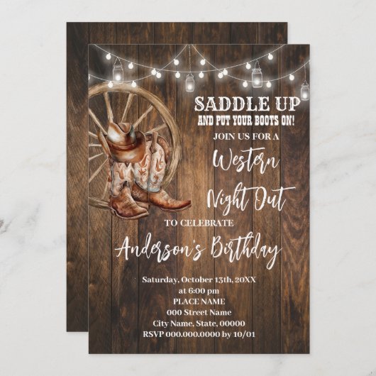 Western Night Out Country Cowboy Geburtstag Einladung (Vorne/Hinten)