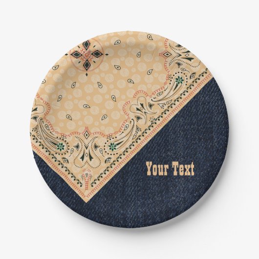 Western Paisley Gold Bandana Print Denim Party 7" Pappteller (Vorderseite)