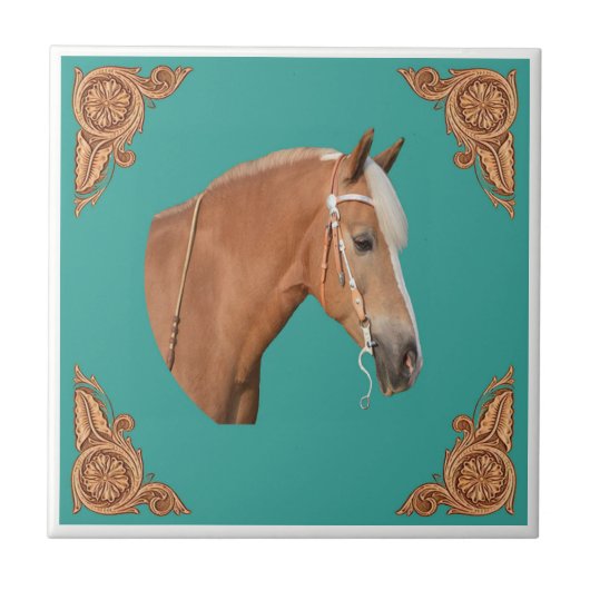 Western Palomino Pferd mit Lederecken Fliese (Vorderseite)