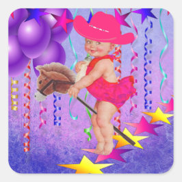 Western Party Baby Cowgirl auf Stick Pferd Quadratischer Aufkleber