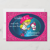 Western Party Cartoon Cowgirl auf Stick Pferd Einladung (Vorderseite)