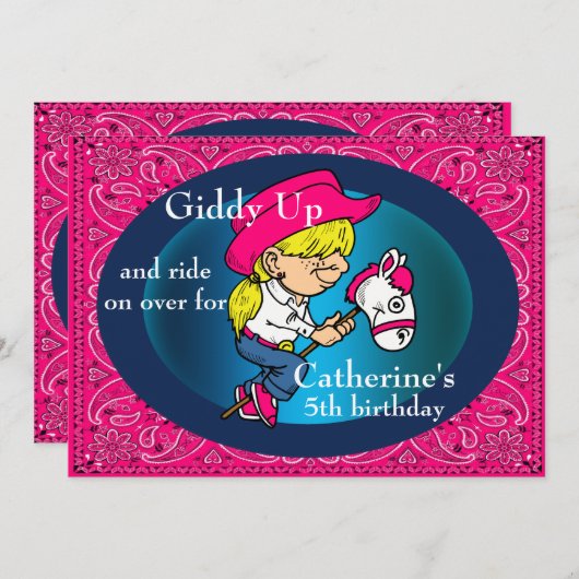 Western Party Cartoon Cowgirl auf Stick Pferd Einladung (Vorne/Hinten)