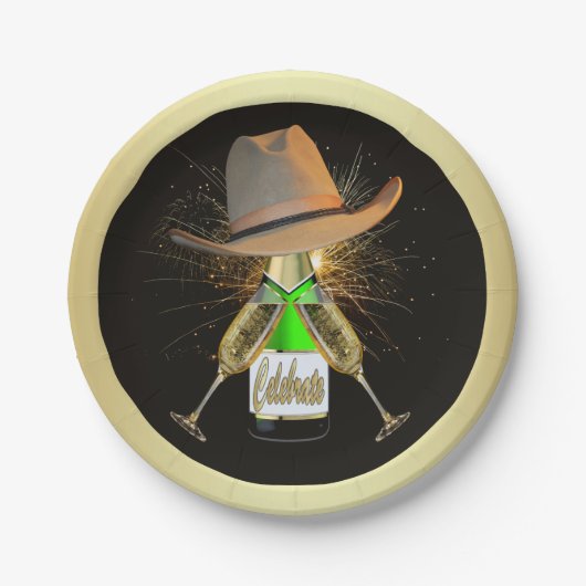 Western Party Cowboy Hat Champagne Feuerwerk Platt Pappteller (Vorderseite)