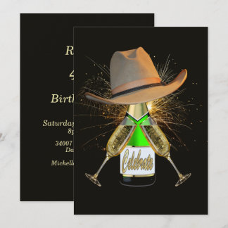 Western Party Cowboy Hat Champagne Fireworks Invit Einladung