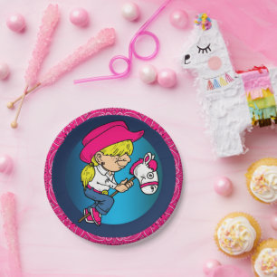 Western Party Cowgirl auf Stick Rosa Bandana Pappteller