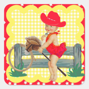 Western-Party-Cowgirl auf Stock-Pferdeaufklebern Quadratischer Aufkleber
