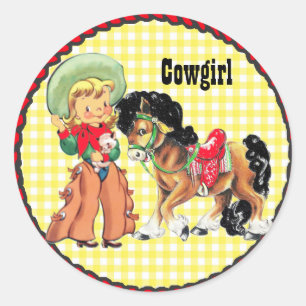 Western Party Cowgirl mit Pferdeaufkleber Runder Aufkleber