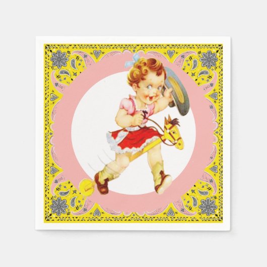Western Party Kleines Cowgirl auf Stick Pferd Serviette (Vorderseite)